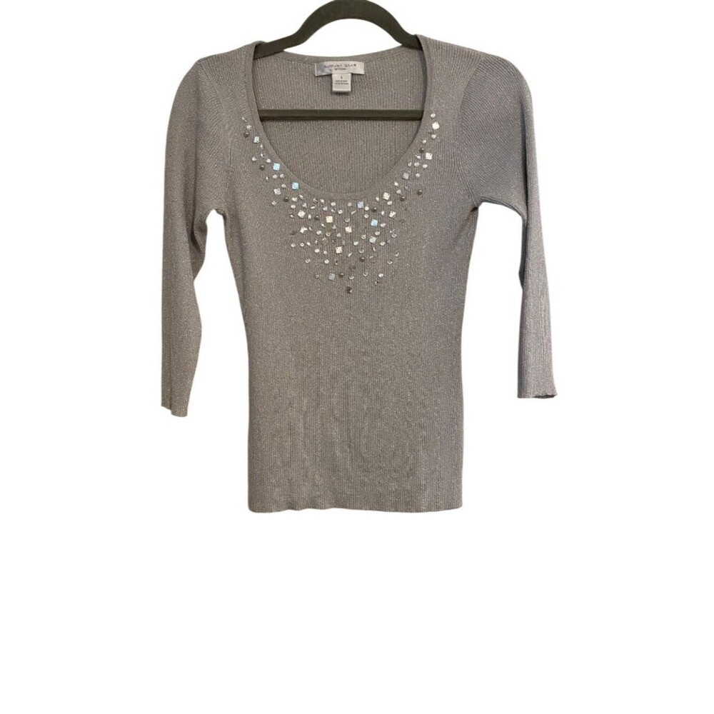 August Silk Women’s S Silver Ribbed Knit Sweater Sequins Beads Silk Blend Artsy